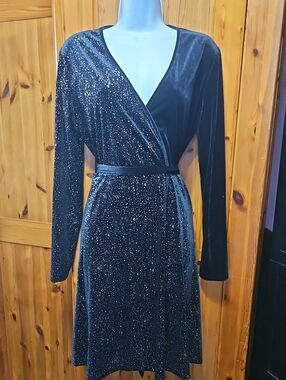 Black Velvet Sparkle Wrap Dress - Women's Evening Dress